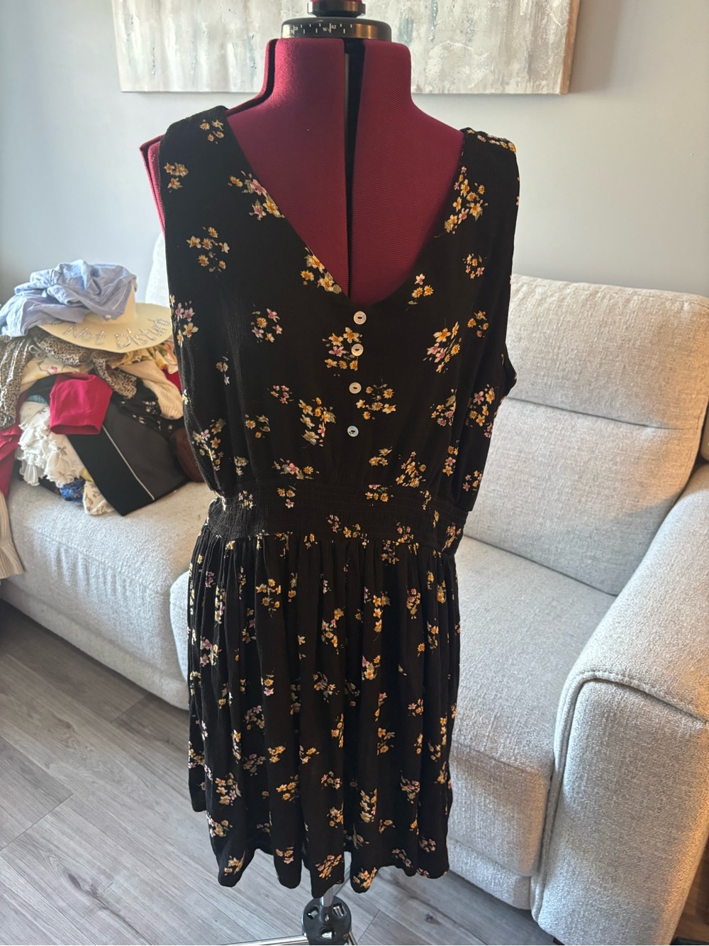 Warehouse Black Mini Dress with Yellow Floral Print